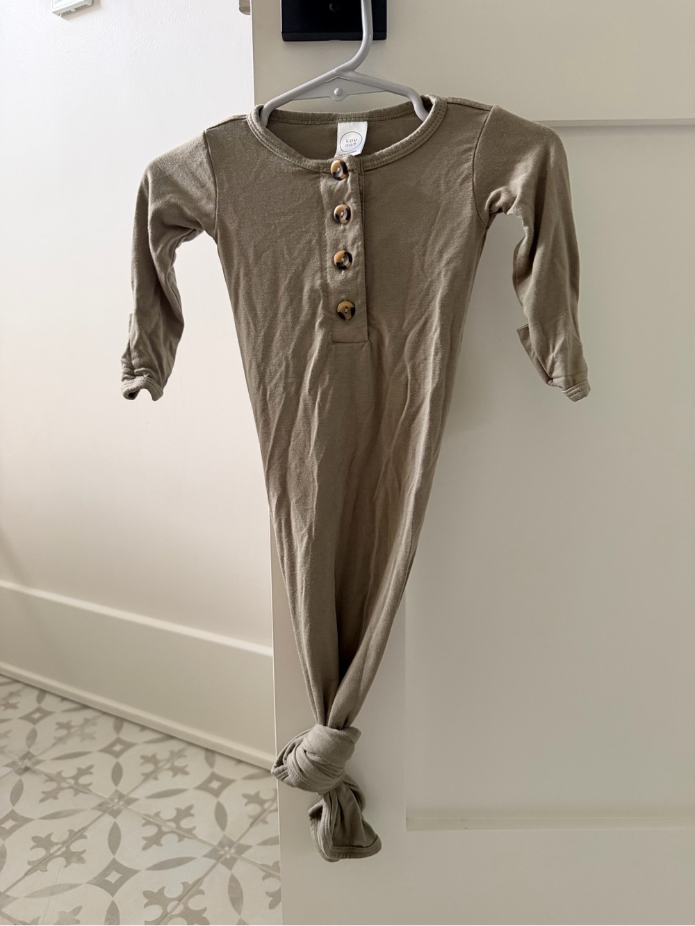 Lou Lou & Company Taupe Newborn Knot Gown with Wooden Buttons